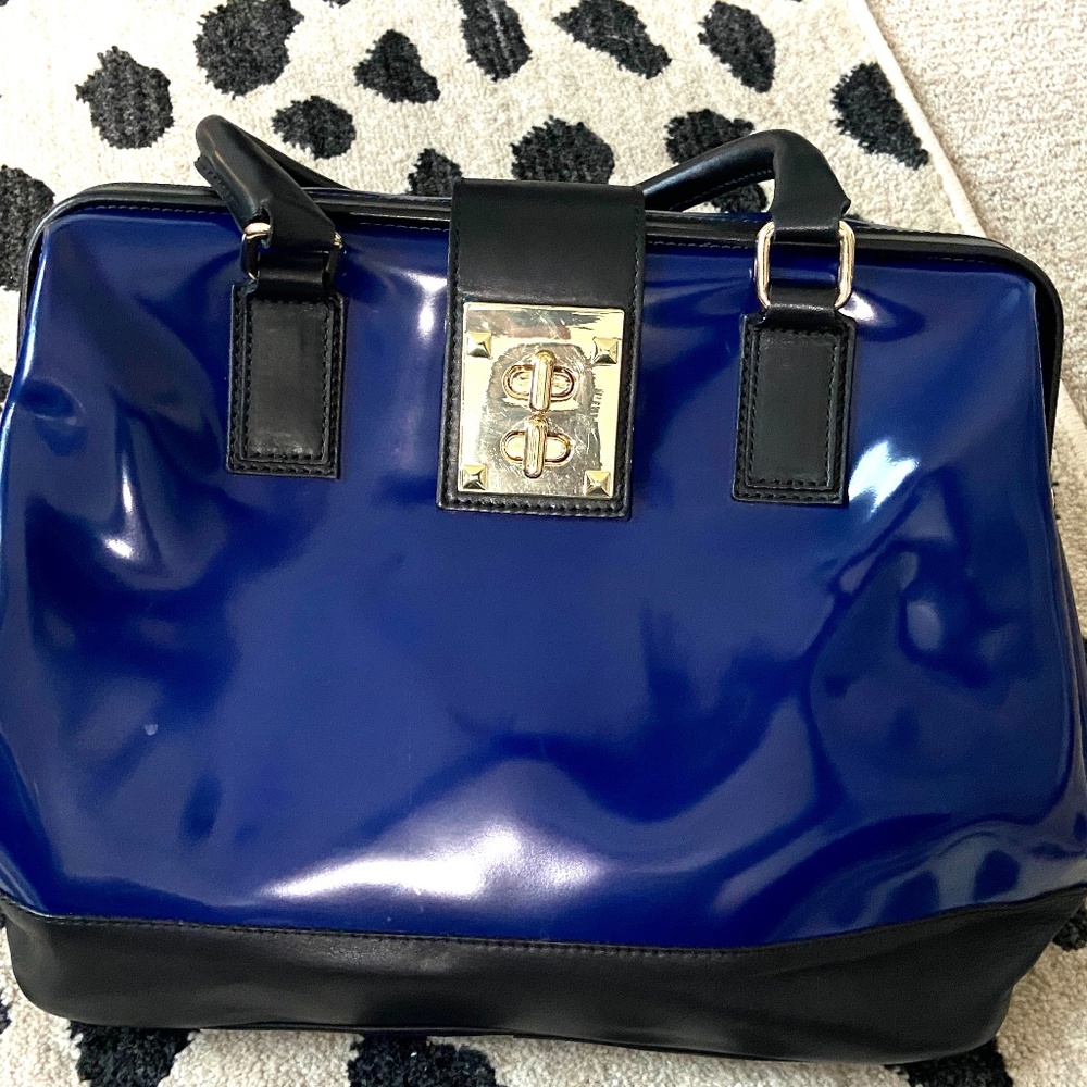 AB Asia Bellucci Patent Leather Blue & Black Color Block Tote Shoulder Bag EUC